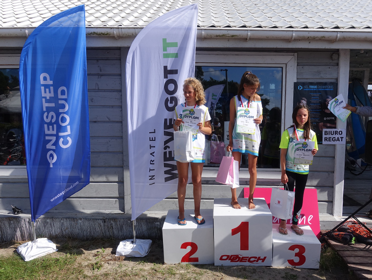 Young surfers on the wave. Intratel sponsors a Summer Windsurfing League